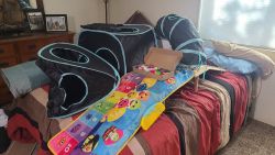 Young puppy play equipment and 5 crated